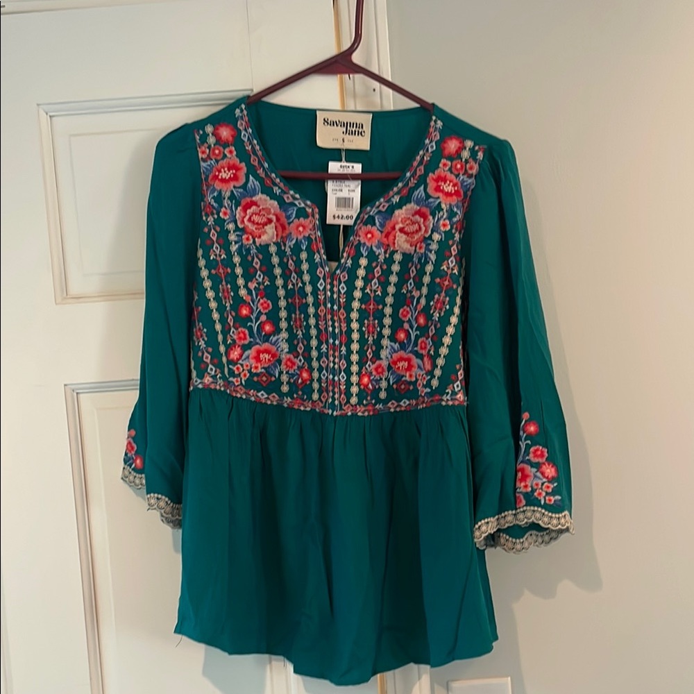 Savanna Jane Teal Floral Embroidered Boho Peasant Blouse